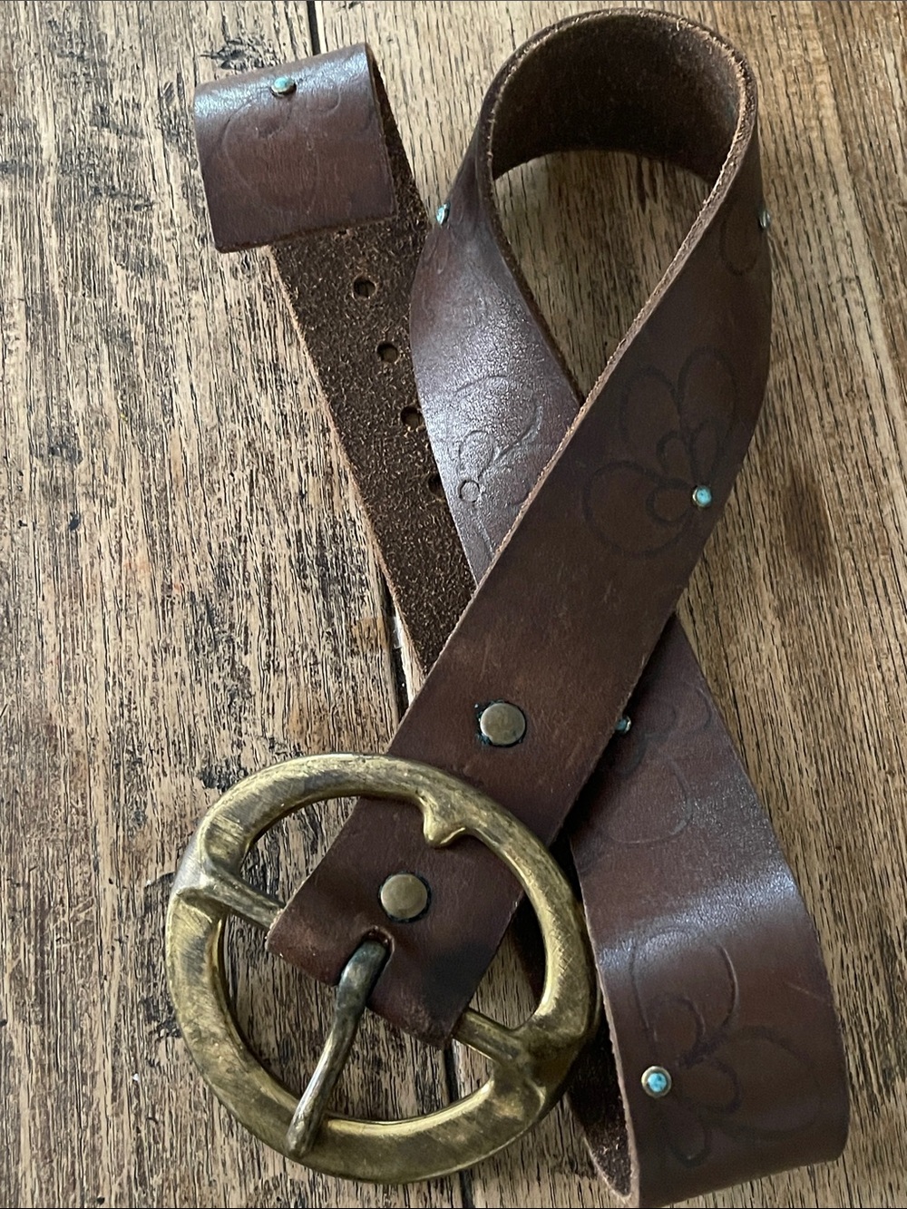 Brown Leather Floral-Accent Women's Belt with Brass Buckle